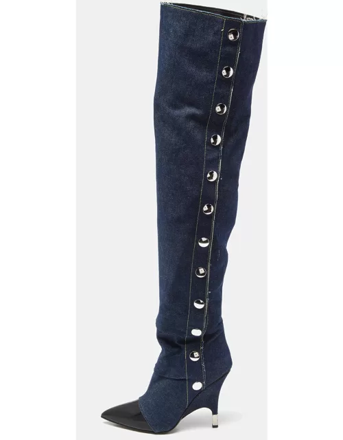 Giuseppe Zanotti Blue/Black Denim and Patent Leather Over The Knee Length Boot
