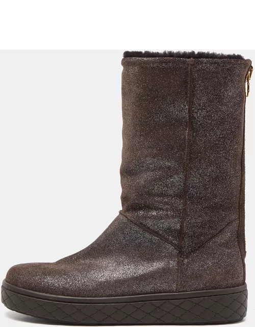 Moncler Brown Glitter Suede Mid Calf Boot