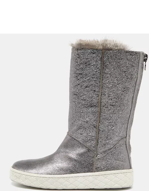 Moncler Grey Foil Leather and Fur Mid Calf Boot