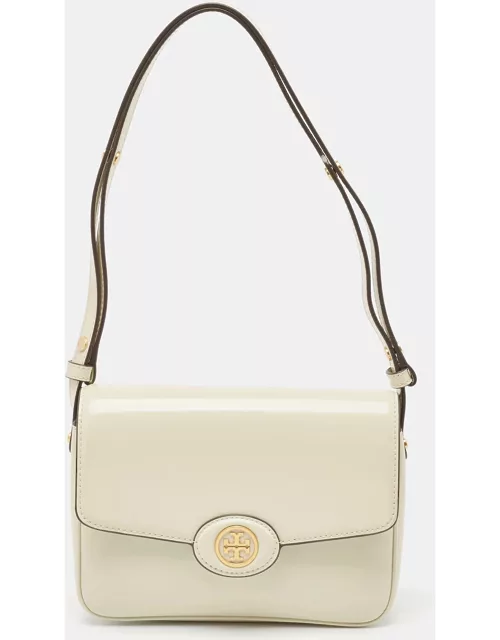 Tory Burch Off White Patent Leather Robinson Spazzolato Shoulder Bag