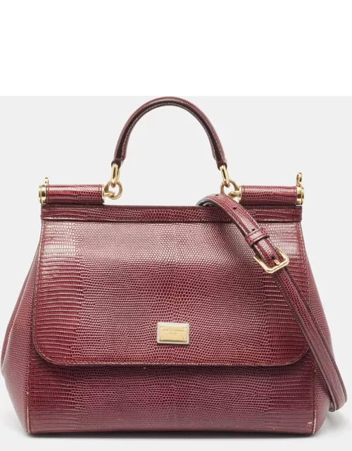 Dolce & Gabbana Burgundy Lizard Embossed Leather Medium Miss Sicily Top Handle Bag