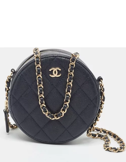 Chanel Navy Blue Quilted Caviar Leather CC Round Chain Clutch