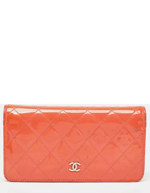 Chanel Orange Quilted Patent Leather CC Yen Continental Wallet