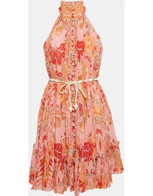 Zimmermann Pink/Coral Floral Printed Georgette Violet Short Halter Dress