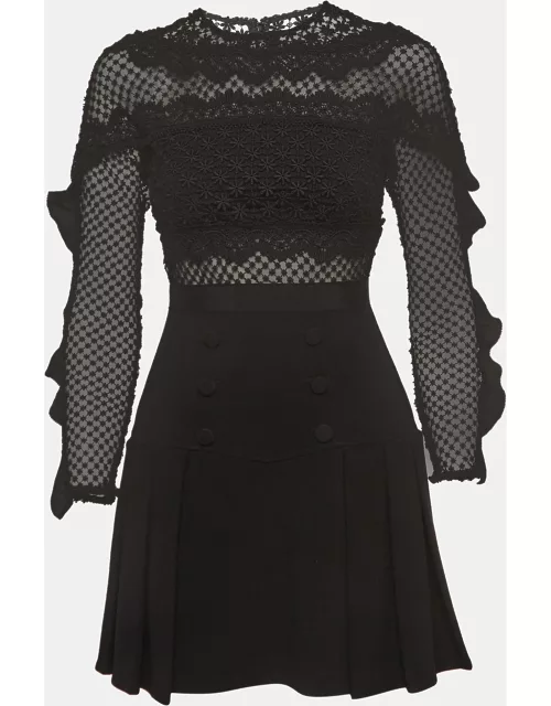 Self-Portrait Black Bellis Lace and Crepe Ruffled Mini Dress