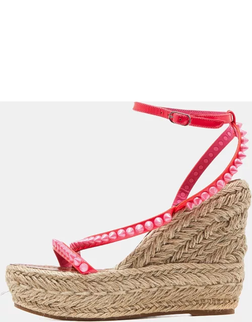 Christian Louboutin Pink Patent Leather Malfadina Spike Wedge Espadrille Ankle Strap Sandal