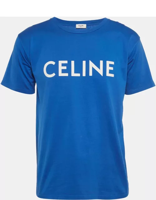 Celine Blue Logo Printed Cotton Knit Crew Neck T-Shirt
