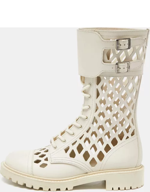 Dior White Cut Out Leather Buckle Details Mid Calf Boot
