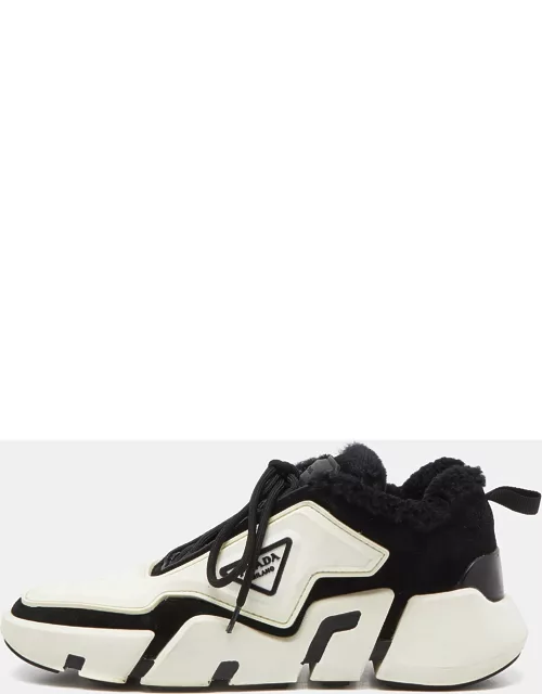 Prada Black/White Rubber and Suede Low Top Sneaker