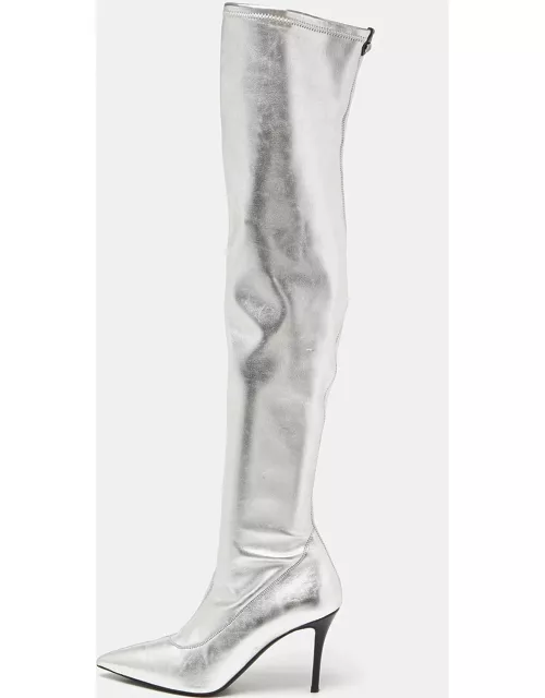 Giuseppe Zanotti Silver Foil Leather Over The Knee Pointed Toe Boot