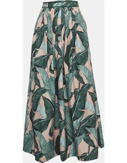 Weekend Max Mara Green Leaf Printed Cotton Pleated Eguale Midi Skirt