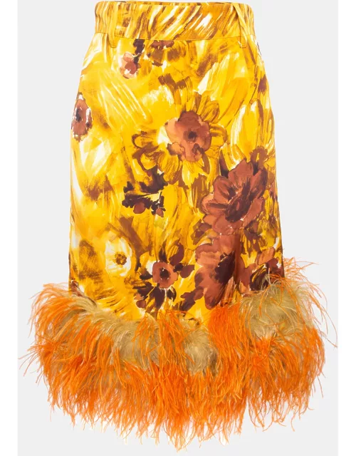 Prada Orange Floral Print Feather Trim Crepe Midi Skirt