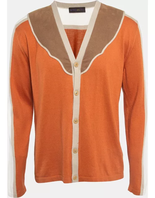 Etro Orange Faux Suede Trim Knit Panel Detail Button Front Cardigan