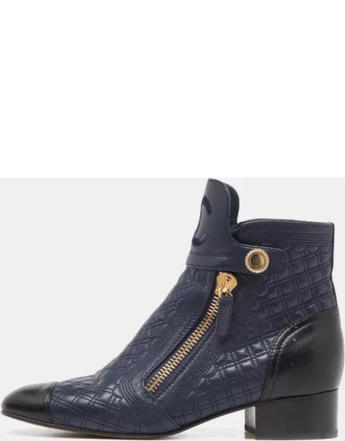 Chanel Blue/Black Quilted Leather Pearl Embellished Ankle Bootie