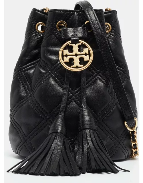 Tory Burch Black Quilted Leather Mini Soft Fleming Bucket Bag