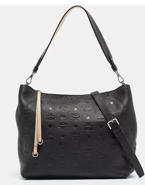 MCM Black Visetos Embossed Leather Zip Shoulder Bag