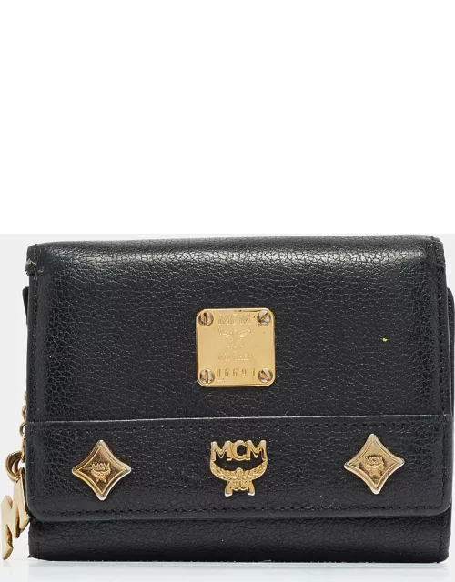 MCM Black Leather Studded Trifold Compact Wallet