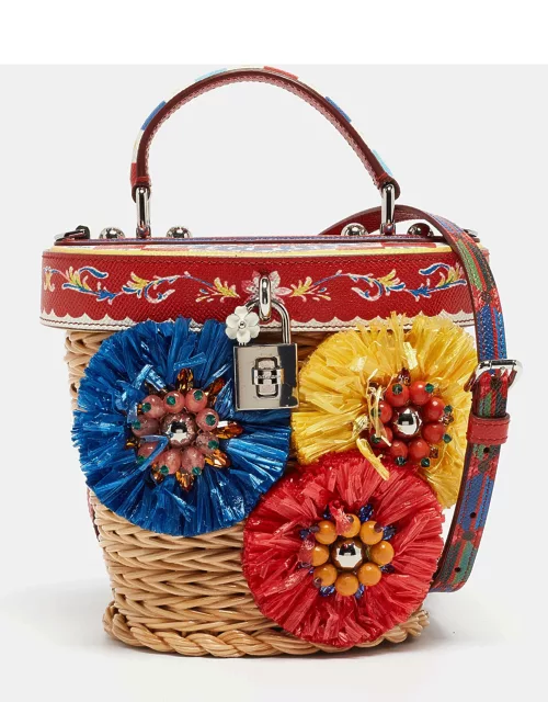 Dolce & Gabbana Multicolor Printed Leather Wicker and Raffia Embellished Top Handle Bag