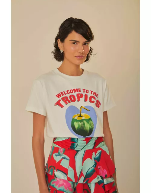 White Welcome To The Tropics Organic Cotton T-Shirt, OFF-WHITE /
