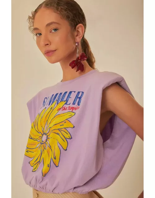 Lilac Summer In The Tropics Shoulder Pad Organic Cotton T-Shirt, LILAC /