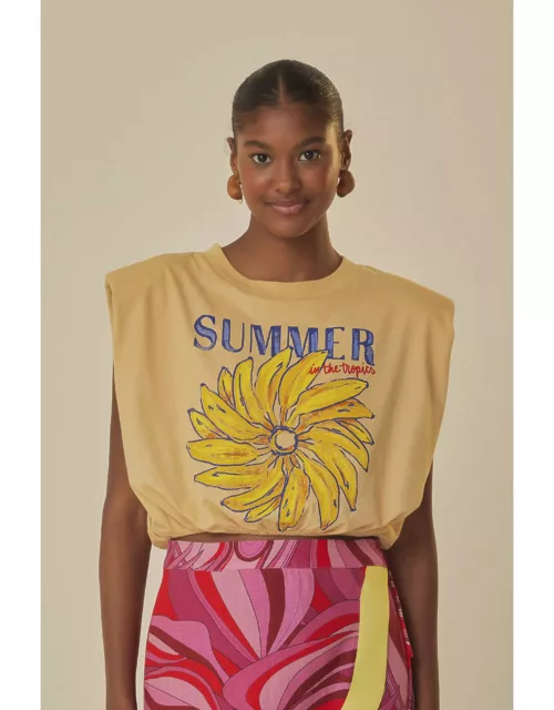 Beige Summer In The Tropics Shoulder Pad Organic Cotton T-Shirt, SAND /