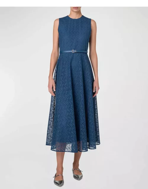 Sleeveless Embroidered Lace Belted Midi Dres