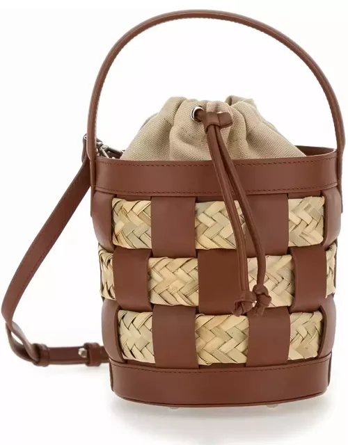 Hereu galleda Brown And Beige Bucket Bag With Drawstring In Rafia And Leather Woman