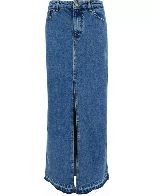 Philosophy di Lorenzo Serafini Maxi Light Blue Skirt With Split And Logo Embroidery In Cotton Blend Denim Woman