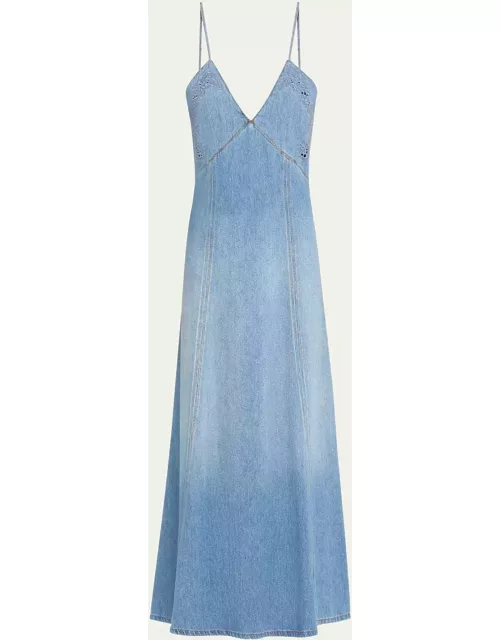 Denim Maxi Dress with Eyelet Embroidery
