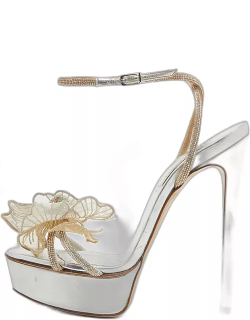 Casadei Silver/Gold Crystal Leather Flower Embellished Platform Ankle Strap Sandal