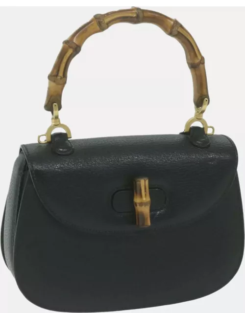 Gucci Black Calf Leather Medium Bamboo Top Handle Bag