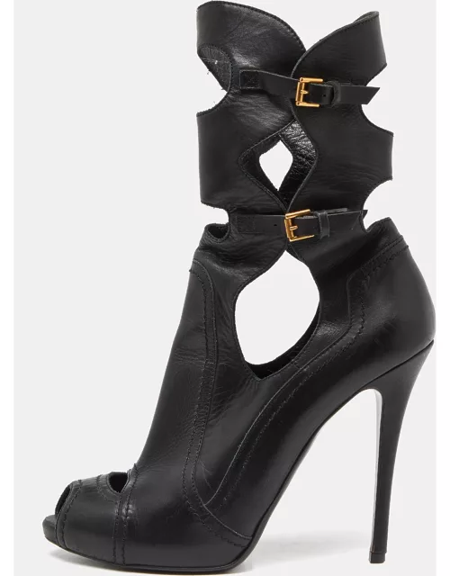 Alexander McQueen Black Leather Cut Out Peep Toe Ankle Boot
