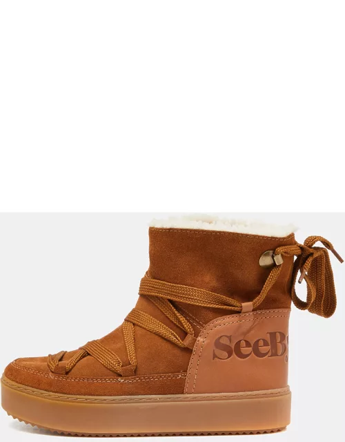 See by Chloe Brown Suede Lace Up Flat Ankle Boot