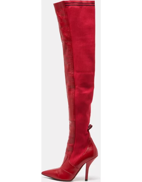 Fendi Red Leather and Fabric Rockoko Over The Knee Length Pointed Toe Boot