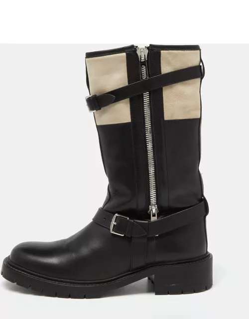 Hermes Black/White Leather and Suede Vancouver Mid Calf Buckle Detail Boot