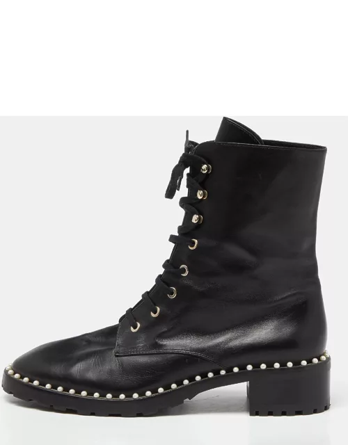 Stuart Weitzman Black Leather Sondra Pearl Embellished Ankle Boot