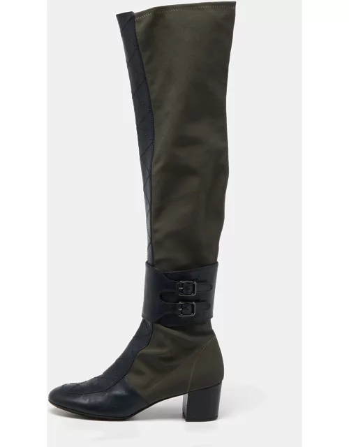 Laurence Dacade Blue/Olive Green Fabric and Quilted Leather Over The Knee Length Boot