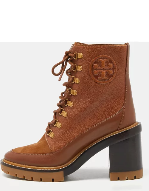 Tory Burch Brown Leather and Suede Block Heel Ankle Boot