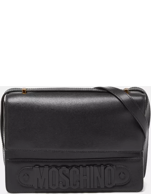 Moschino Black Leather Logo Flap Shoulder Bag