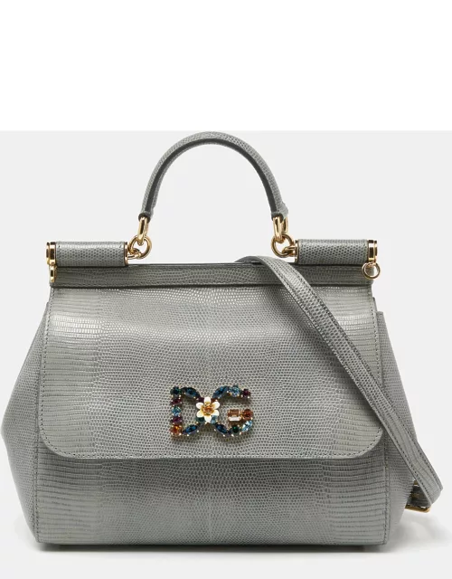 Dolce & Gabbana Grey Lizard Embossed Leather Medium Miss Sicily Top Handle Bag