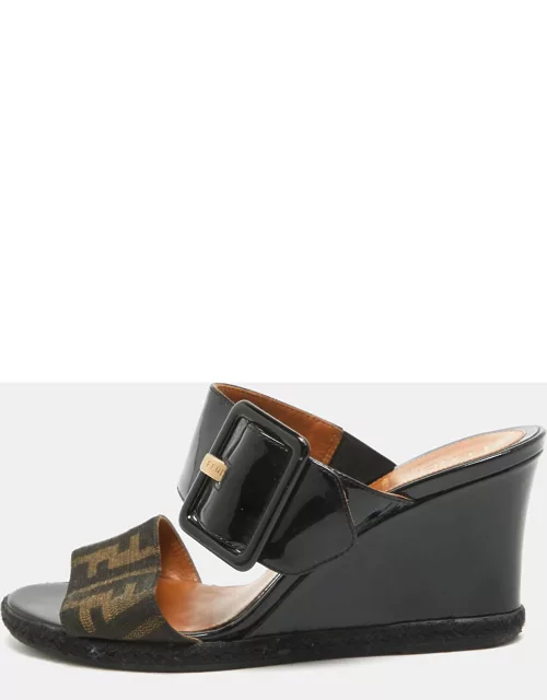 Fendi Brown/Black Zucca Canvas and Patent Leather Wedge Sandal