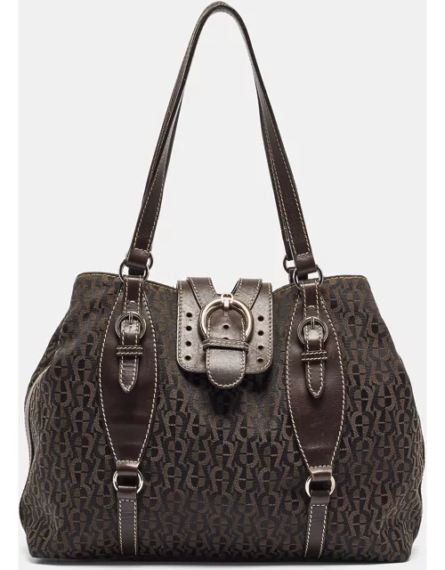 Aigner Dark Brown Monogram Canvas and Leather Buckle Flap Tote
