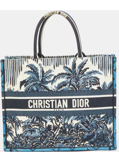 Dior Navy Blue/White Embroidery Canvas Large Palm Tree Book Tote