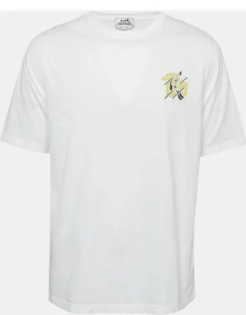 Hermes White Leather Applique Cotton Knit Crew Neck T-Shirt