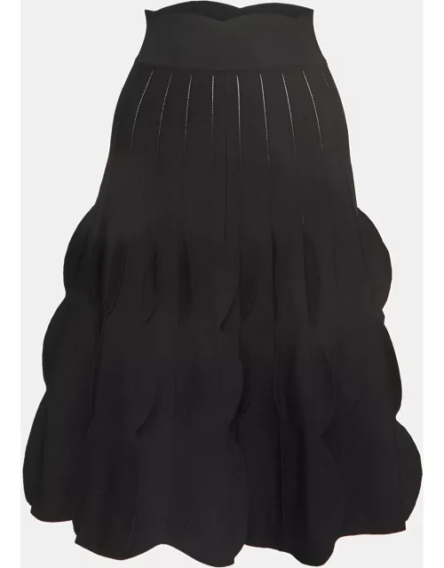 Alaia Black Knit Flared Scalloped Trim Midi Skirt