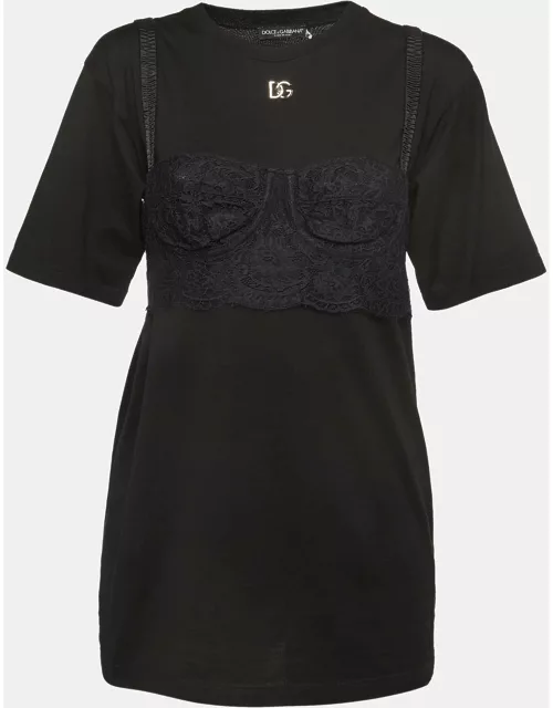 Dolce & Gabbana Black Cotton Knit Lace Bralette Detail T-Shirt