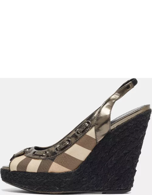 Burberry Multicolor Leather and Check Canvas Espadrille Wedge Slingback Pump