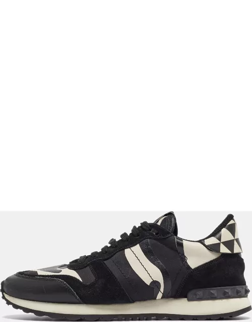 Valentino Black/White Camo Print Leather and Canvas Rockrunner Sneaker
