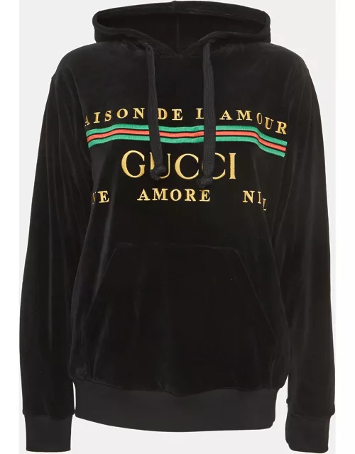 Gucci Black Logo Embroidered Velvet Hoodie