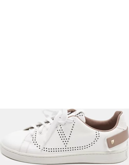 Valentino White/Beige Leather Perforated V Backnet Sneaker